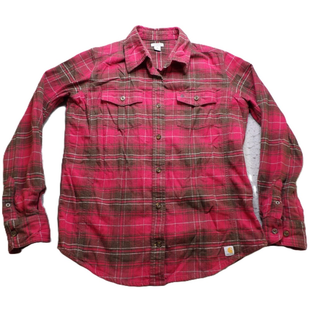 Carhartt Hamilton Flannel Shirt Women M Pink Brown Plaid Stretch Cotton Workwear